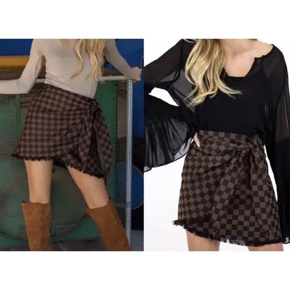 Judith March Check Mate Brown Jacquard Wrap Skirt Women’s Medium Plaid Fringe - Picture 1 of 10